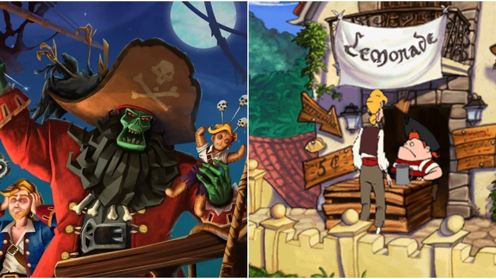 (Left) Cover art for Monkey Island 2 (Right) Guybrush at a Lemonade stand