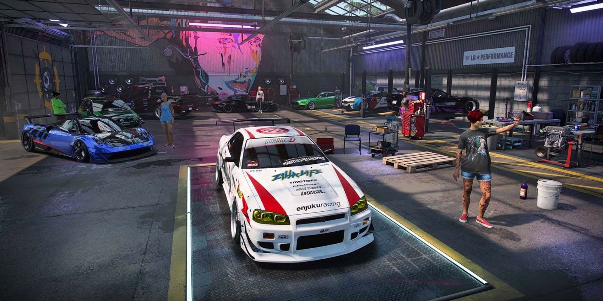 need for speed heat players in the garage showcasing the cars 