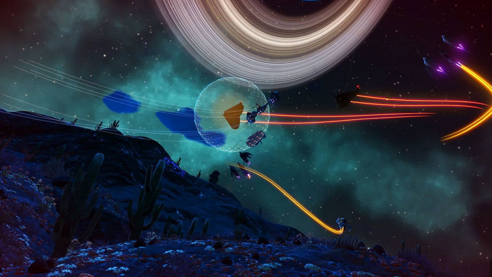 Image from No Man's Sky and the Outlaws patch showing ships flying around doing battle.