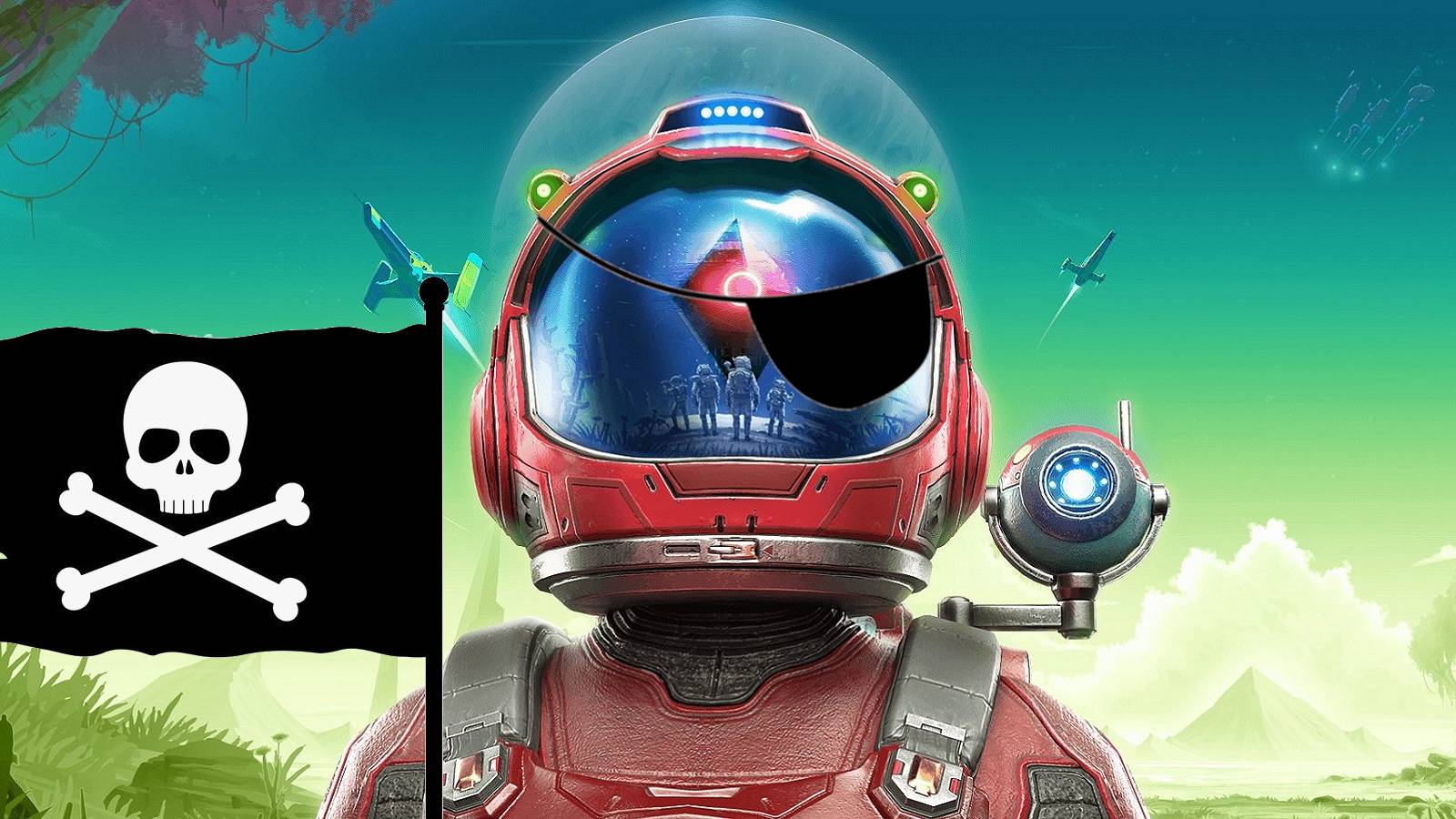 Image from No Man's Sky showing the Jolly Roger flag and the Traveller wearing an eye patch.