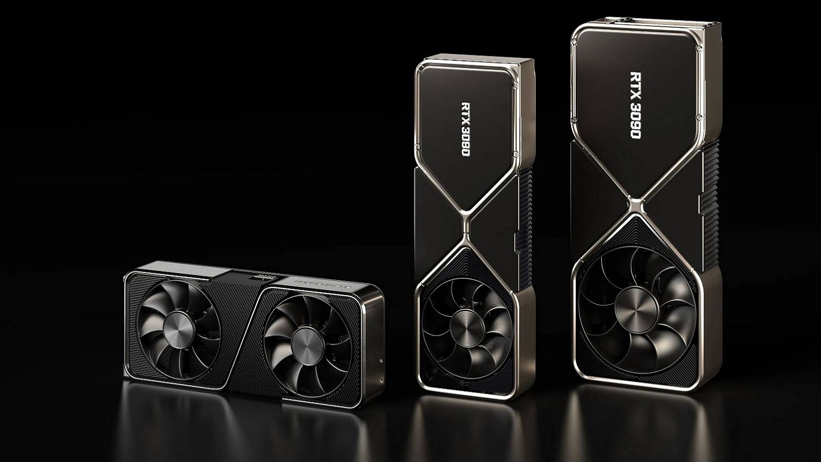 A photo of some Nvidia RTX 30 graphics cards on a black background.