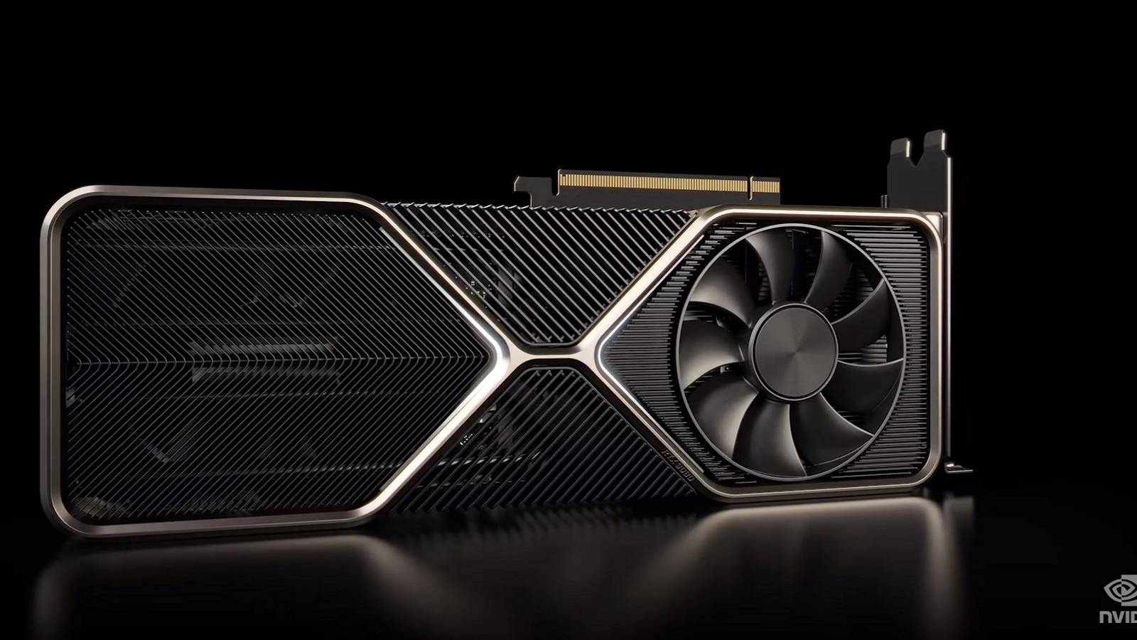 Photo of an Nvidia RTX graphics card on a black background.