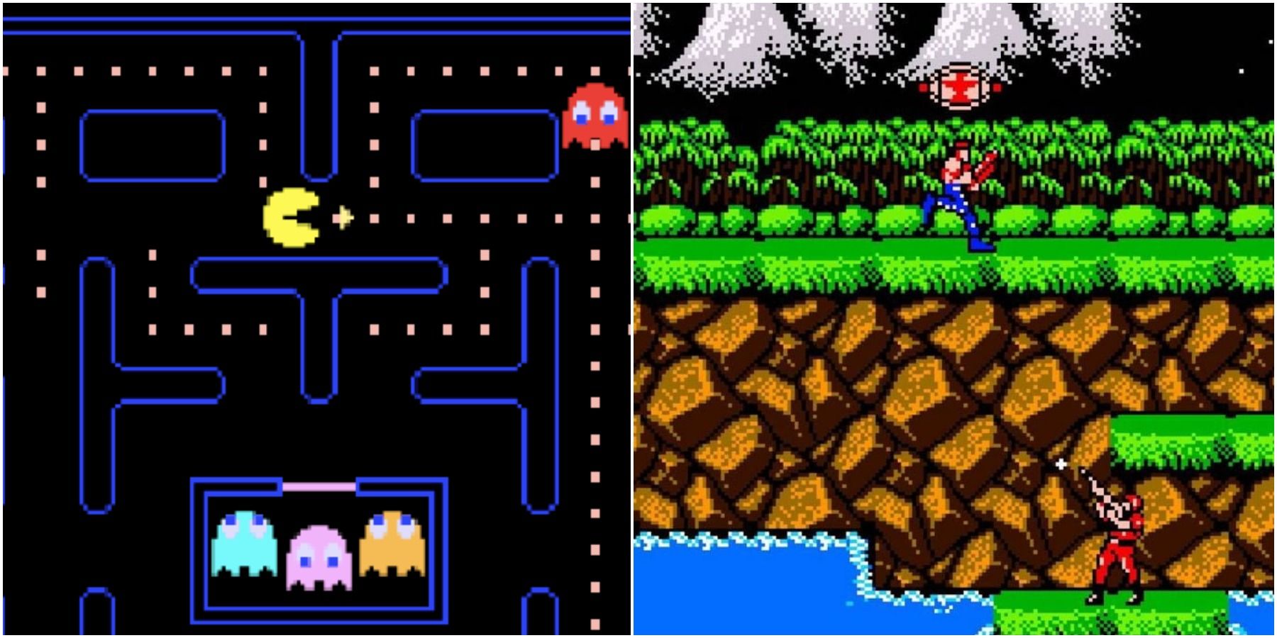 (Left) Pac-Man gameplay (Right) Contra gameplay