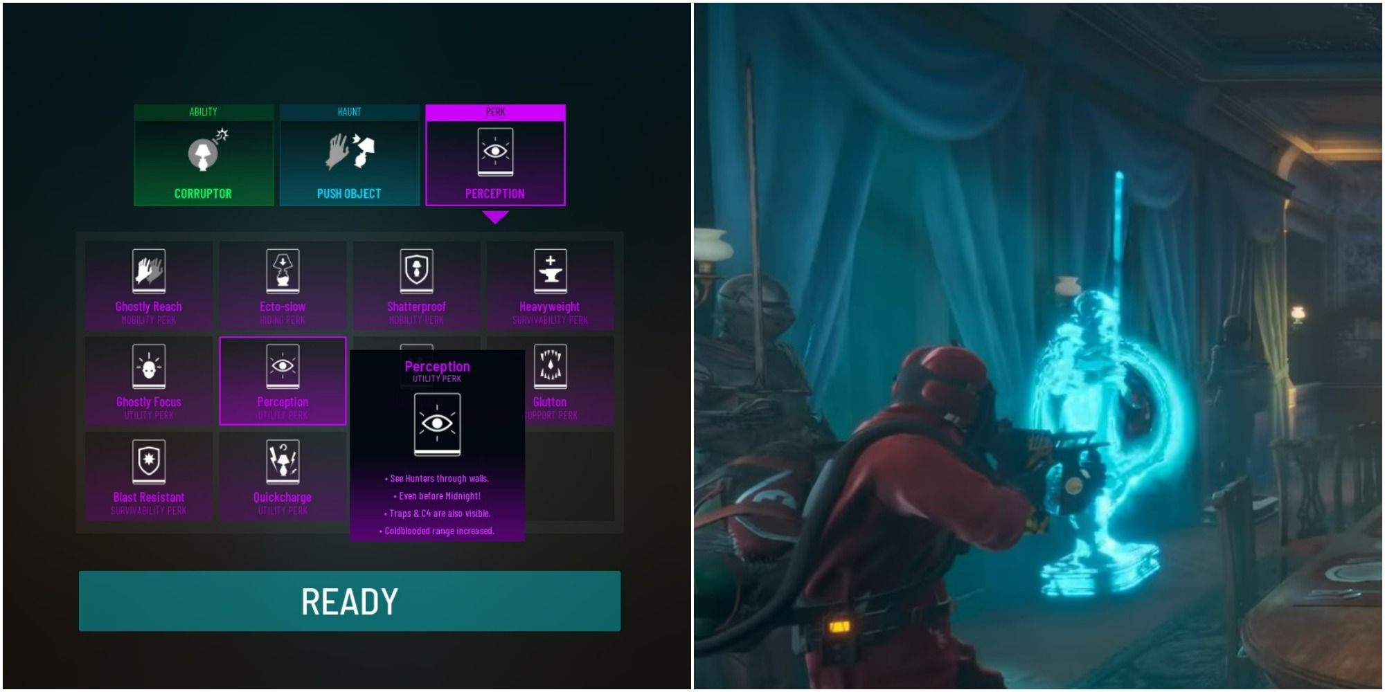perception ghost perk info and a ghost hunter near a ghostly knight in midnight ghost hunt