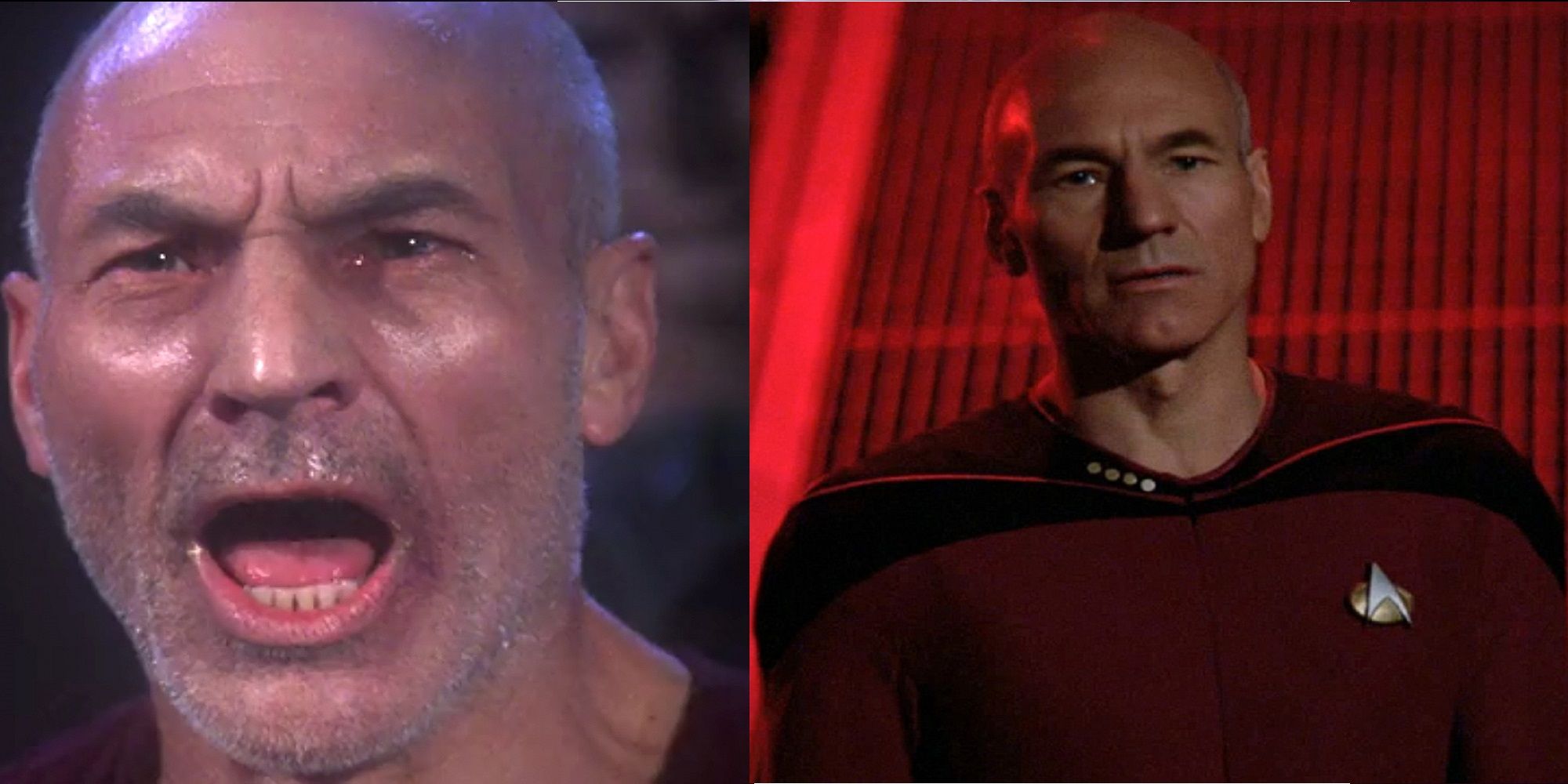 split image featuring picard shouting and captain picard with pensive face