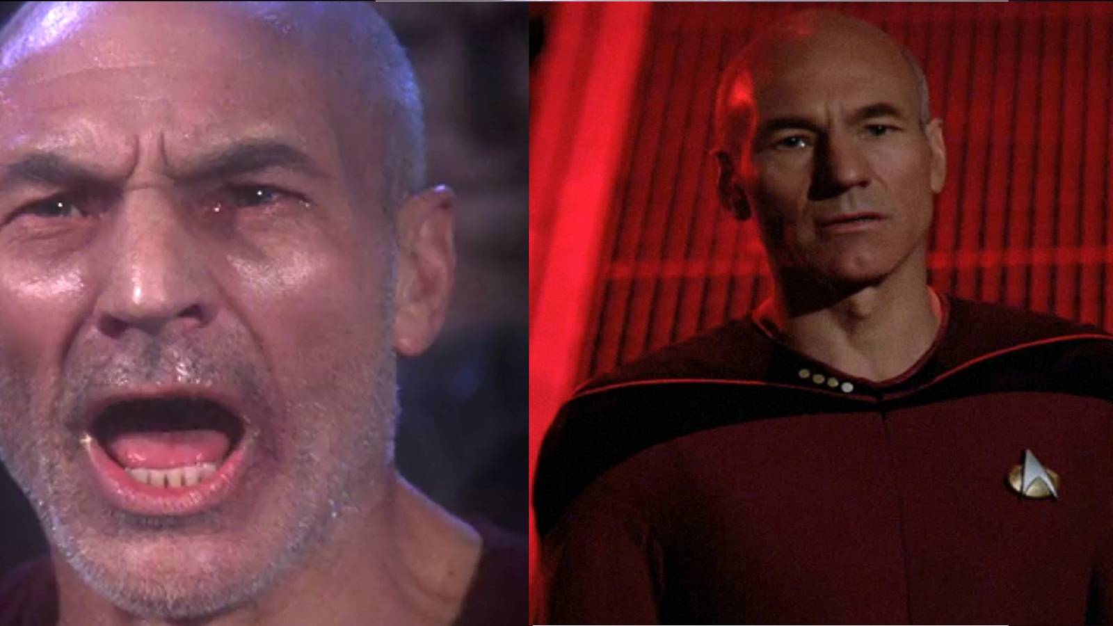 split image featuring picard shouting and captain picard with pensive face