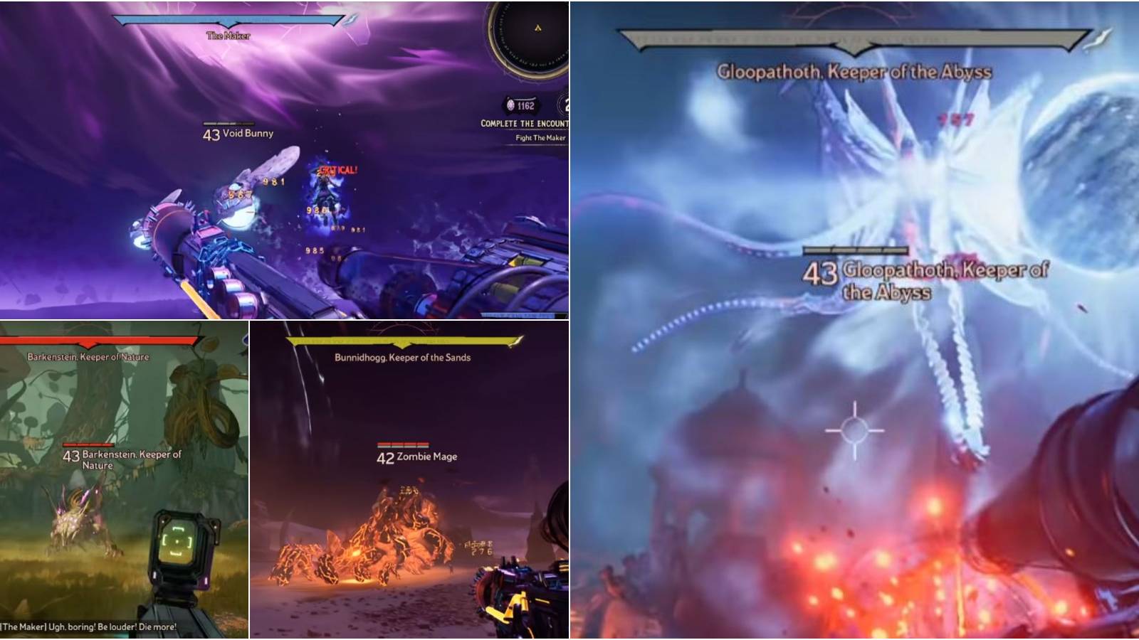 Showcase of the Four Secret Bosses in Tiny Tina's Wonderlands' Chaos Chamber