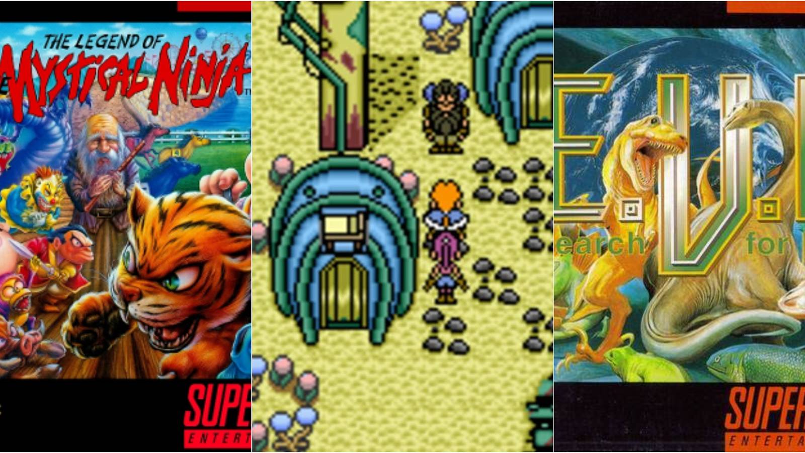 split image of Mystical Ninja SNES, Paladin's Quest village, and EVO box art