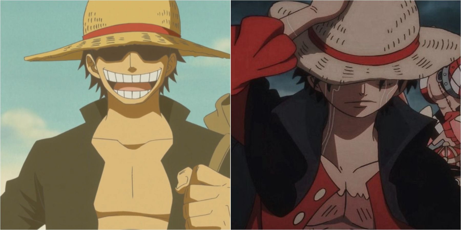 gol d roger and luffy wearing the straw hat