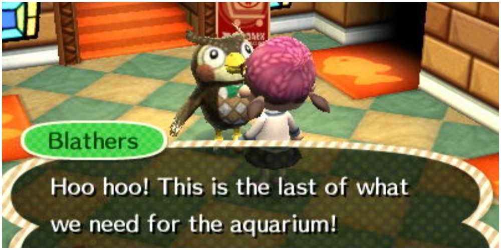 Blathers talking about the aquarium.