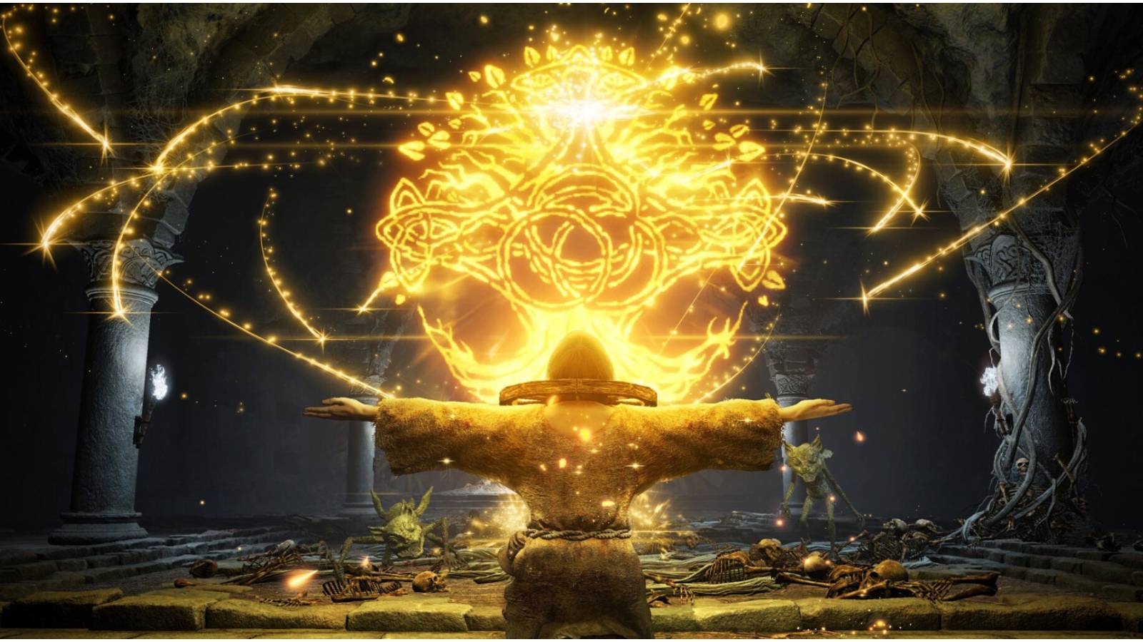 Tarnished kneeling before golden spell.