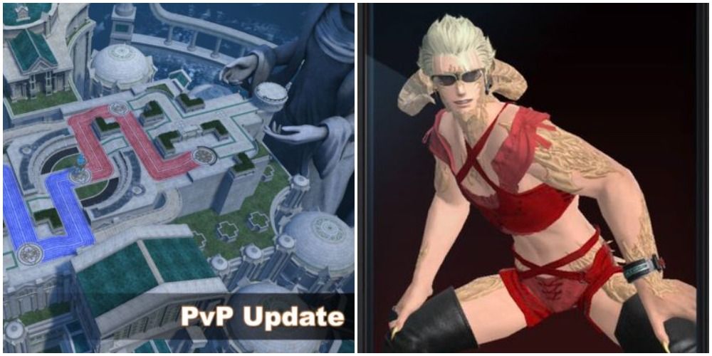 Split image of PVP update and Au Ra portrait.