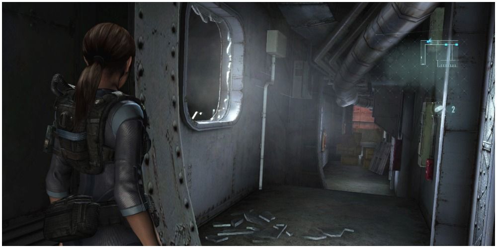 Player character looking down hall with broken window (Resident Evil: Revelations).