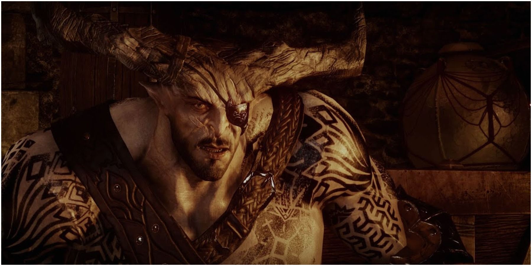 A close up of The Iron Bull from Dragon Age: Inquisition 