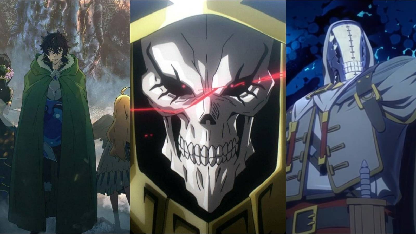 Characters from three fantasy anime: Shield Hero, Overlord, and Somali