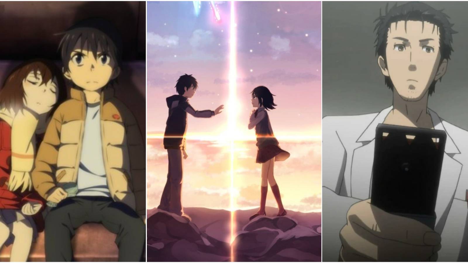 Feature image showing Erased, Your Name, And Steins;Gate