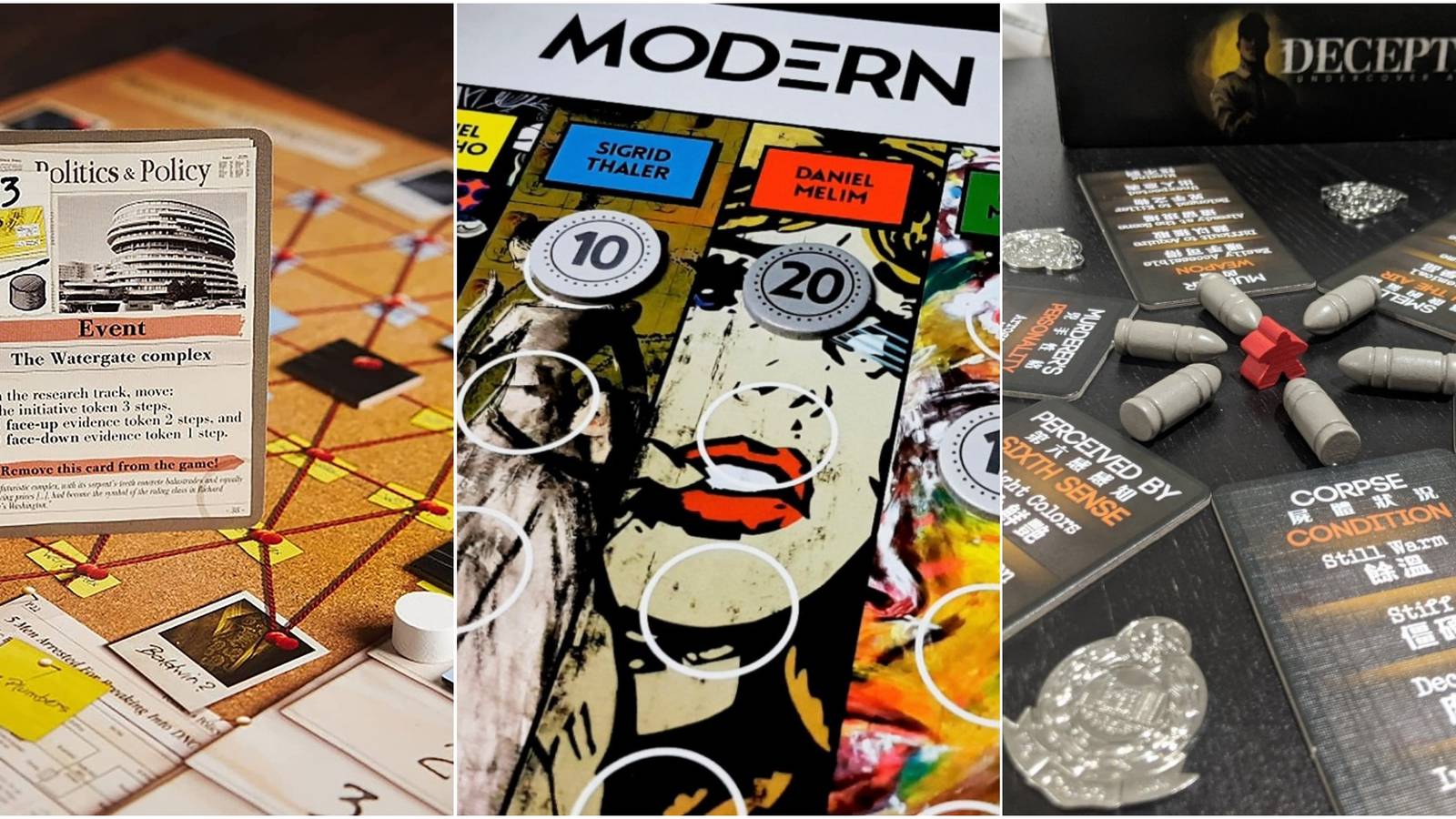 Games that can play under an hour showing Watergate, Modern Art, and Deception Murder In Hong Kong