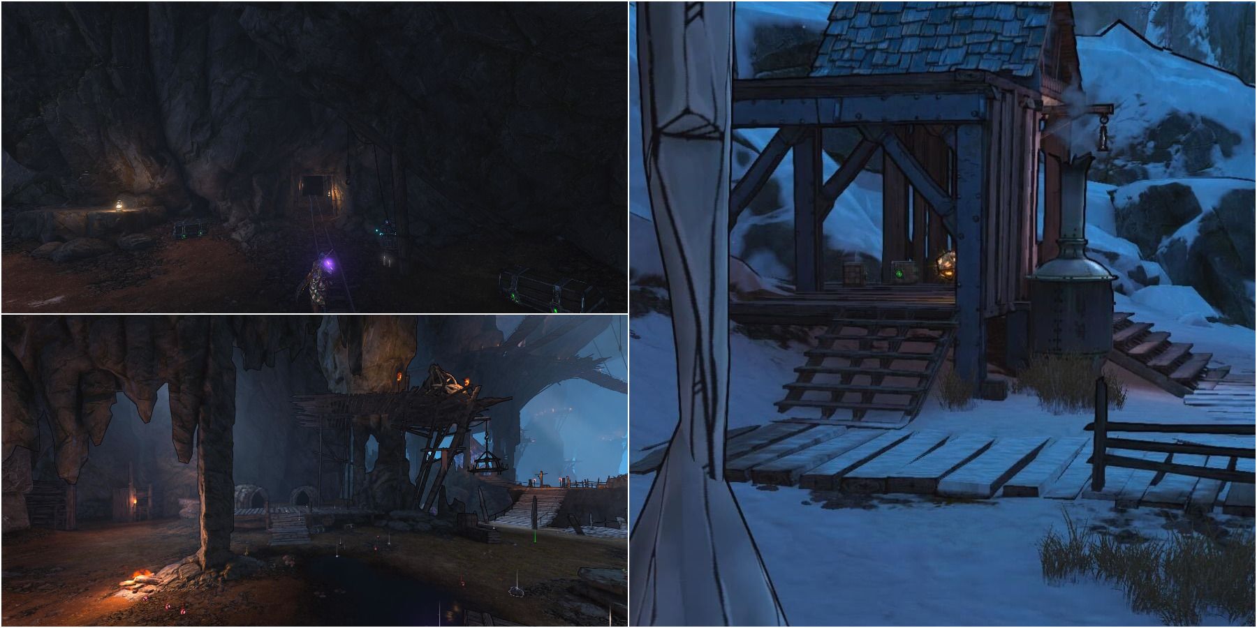 Showcase of various locations where players can find Lucky Dice in Mount Craw from Tiny Tina's Wonderlands.