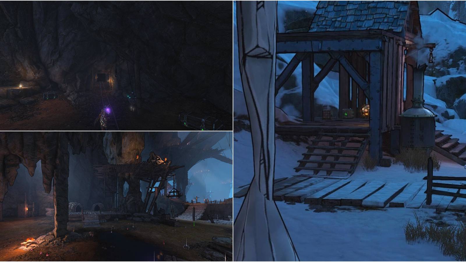 Showcase of various locations where players can find Lucky Dice in Mount Craw from Tiny Tina's Wonderlands.