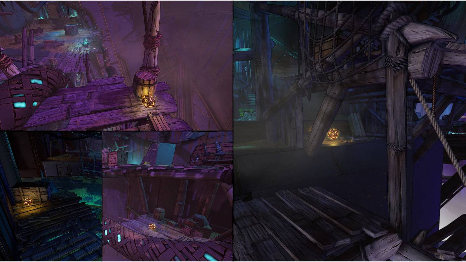 Showcase of various locations of Lucky Dices in The Fearamid from Tiny Tina's Wonderlands.