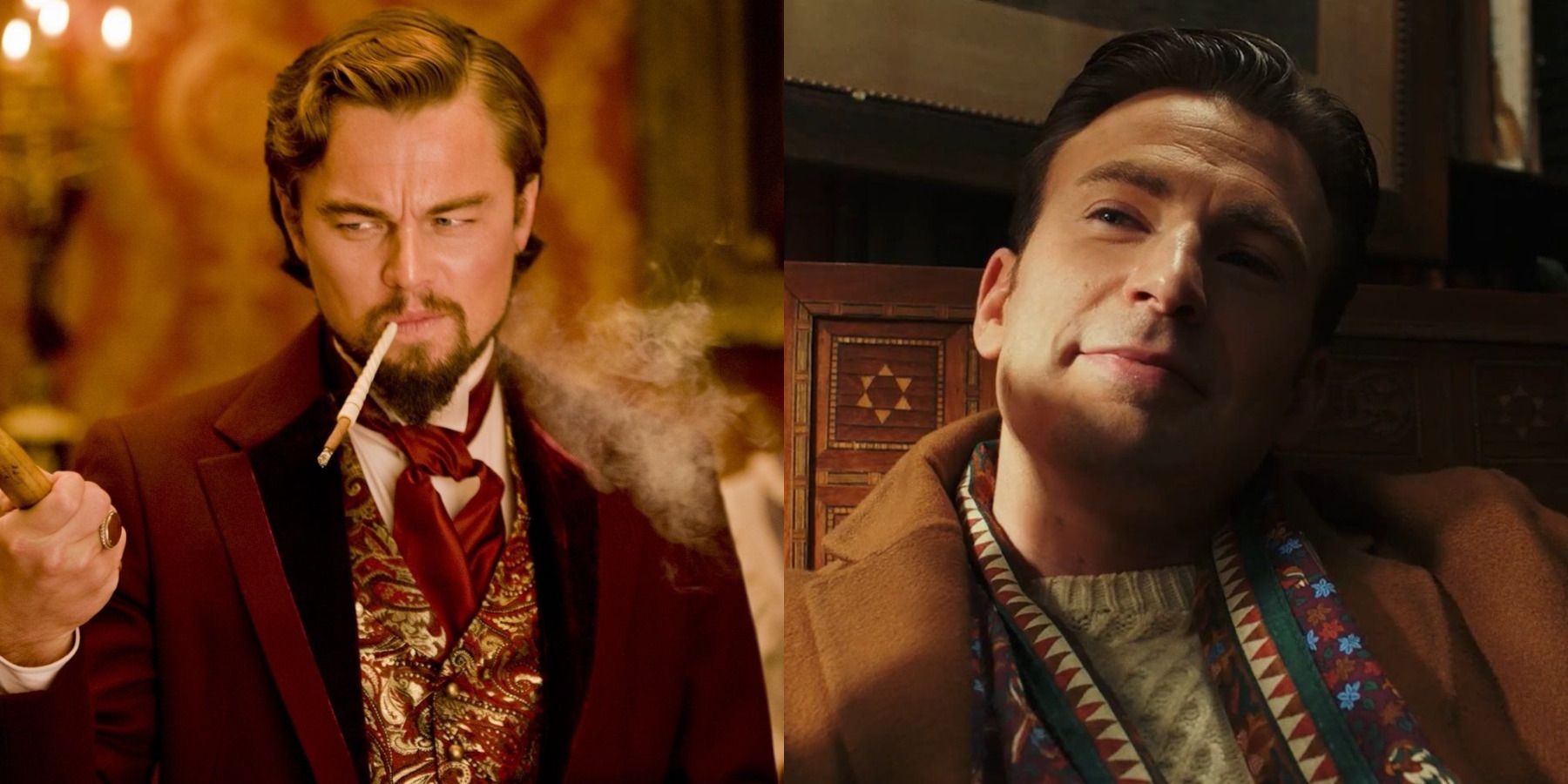 left: Leonardo DiCaprio in Django Unchained; right: Chris Evans in Knives Out