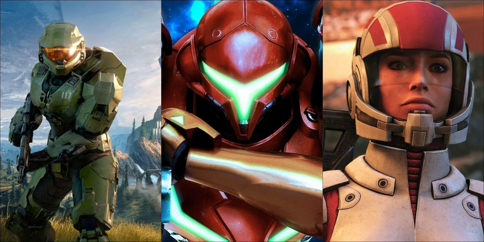 Master Chief, Samus Aran, and Ashley Williams, space marines from various games