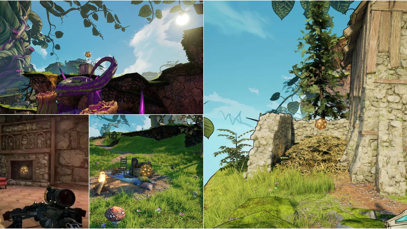 Showcase of various Lucky Dice locations in Tangledrift from Tiny Tina's Wonderlands.