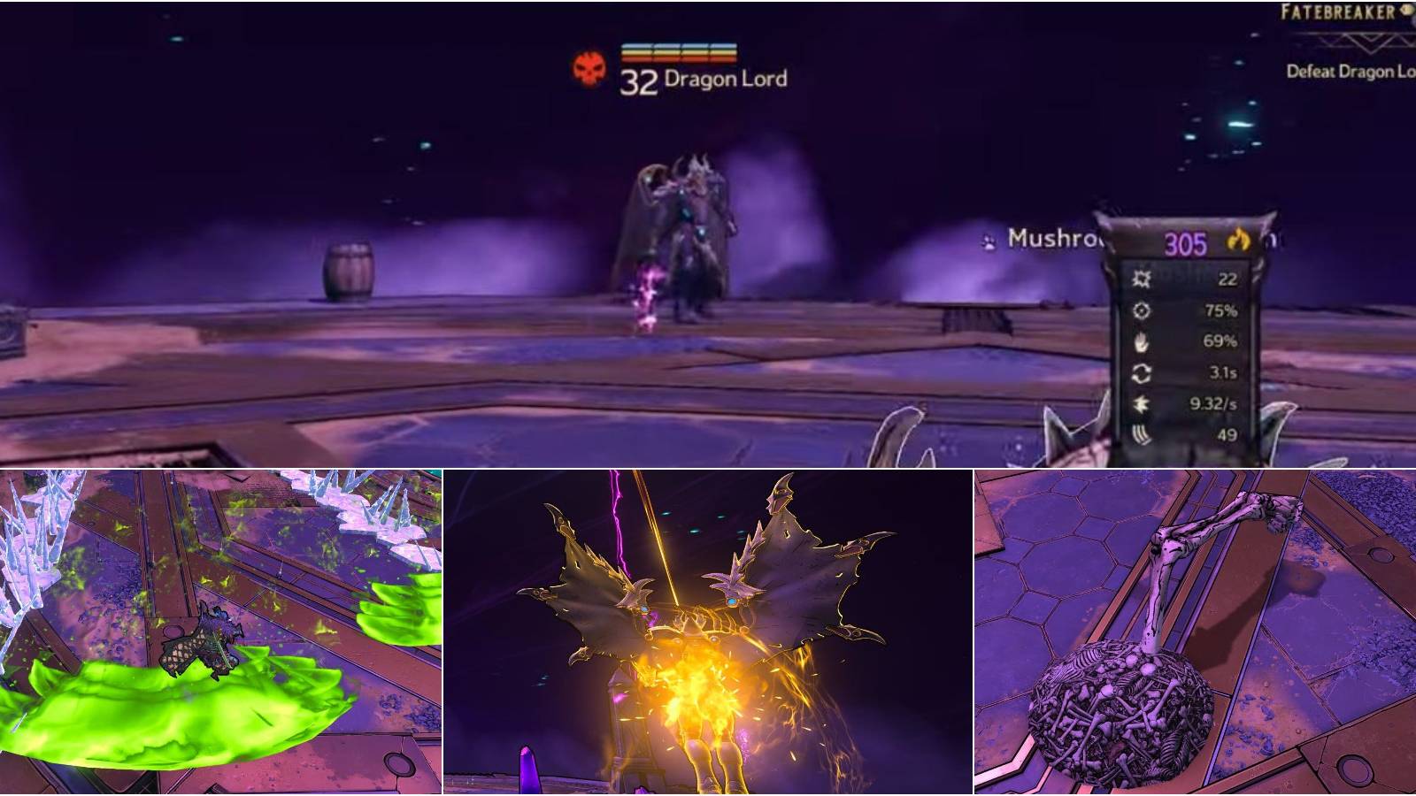 Showcase of various attacks that The Dragon Lord has during his boss fight in Tiny Tina's Wonderlands.
