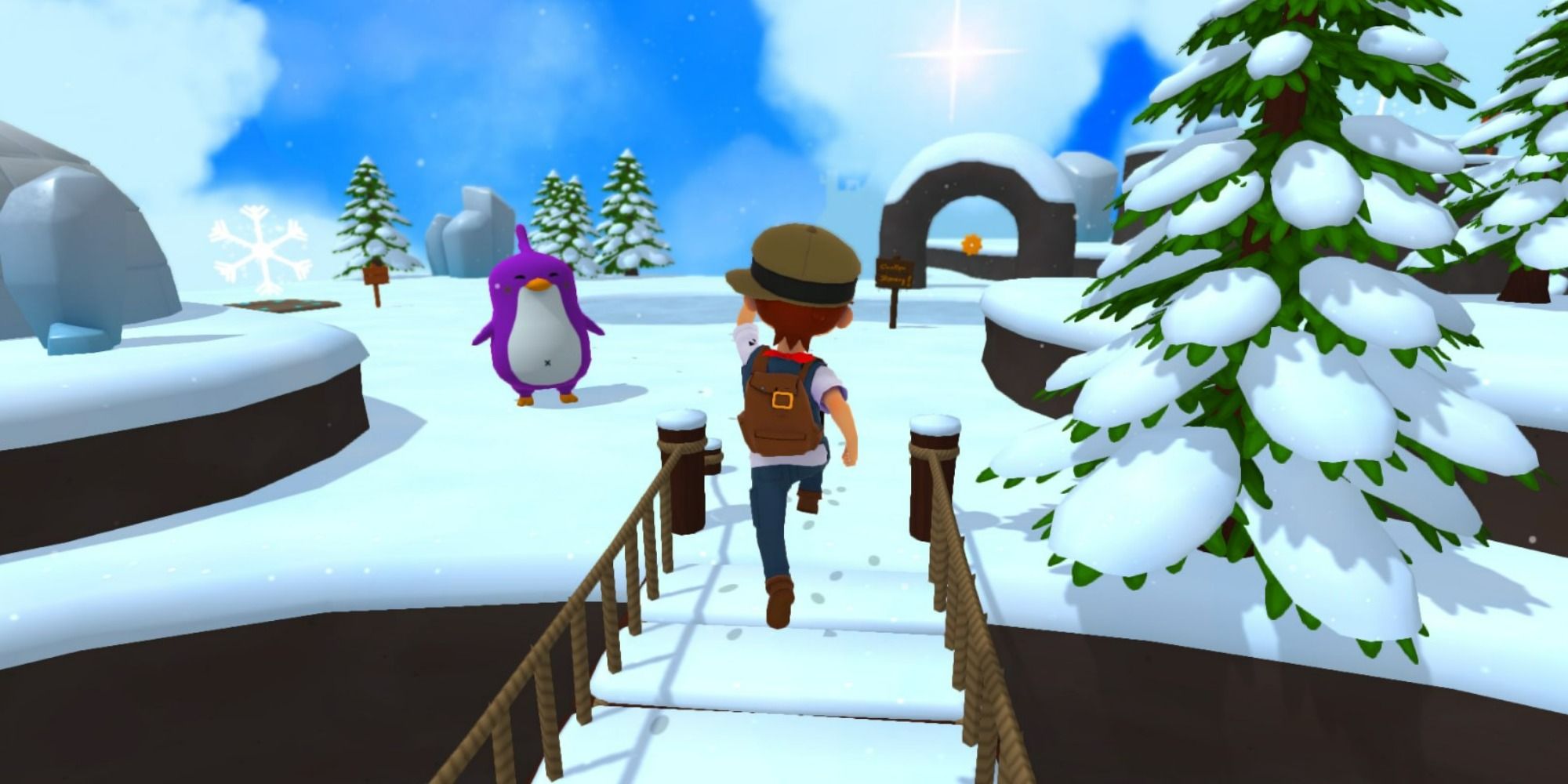 poi hero jumping on bridge near penguin in snow world