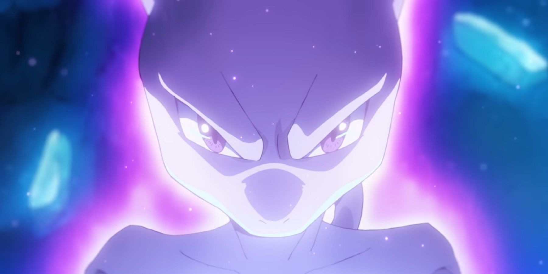 A close-up on Mewtwo's face from Pokemon Evolutions.