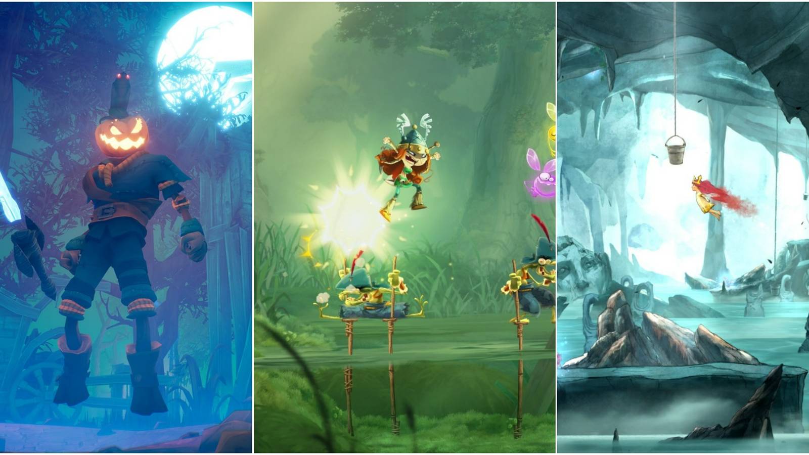 pumpkin jack and crow holding a sword, rayman legends character jumpin on baddies, child of light princess flying featured