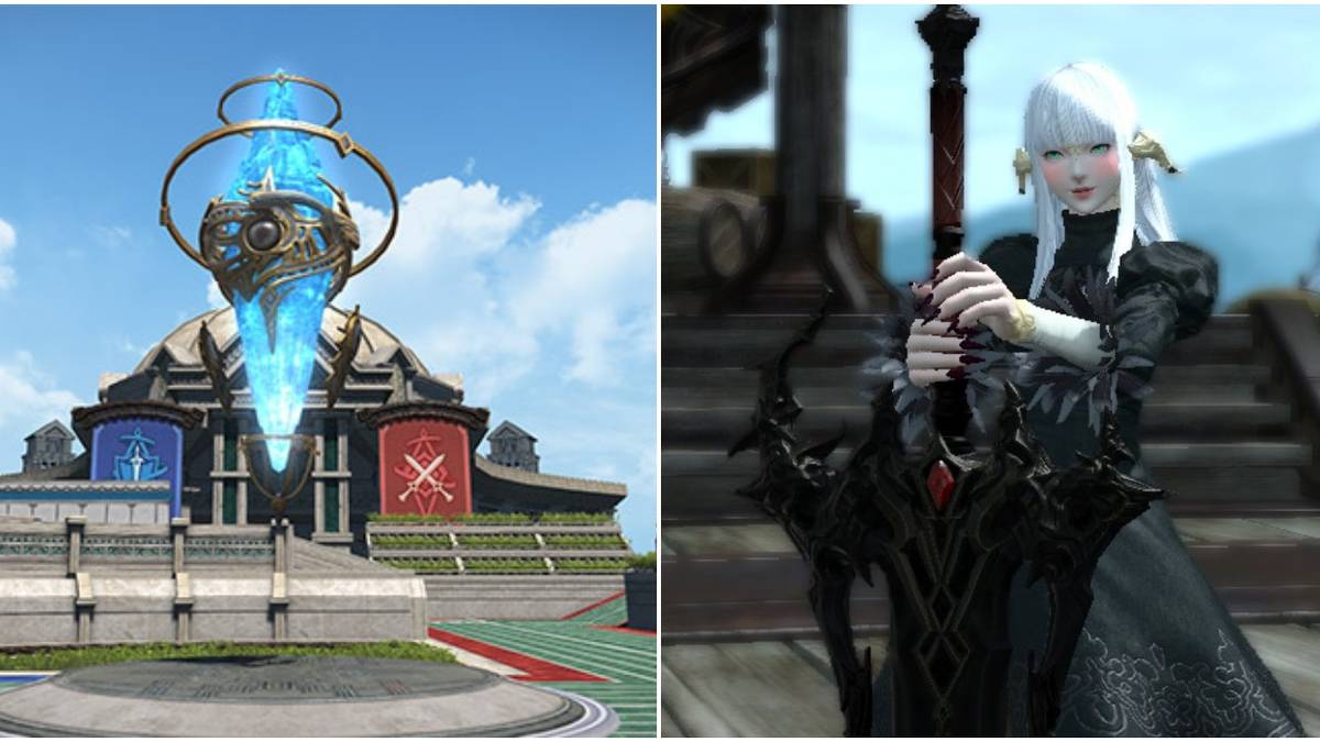 the image on the left is an arena for crystalline conflict, it shows the crystal that has to be moved to the goal, the picture on the right shows a player holding a sword in final fantasy 14