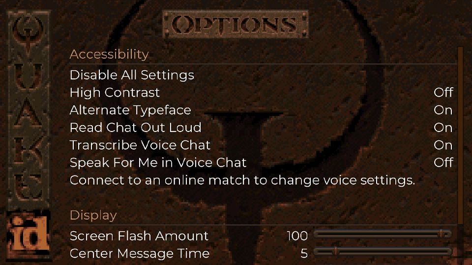 Screenshot from Quake showing the new acceesibility features in the options menu.