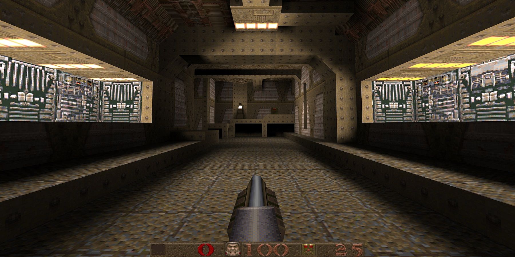 Скриншот из первой игры Quake, показывающий начальный уровень.
