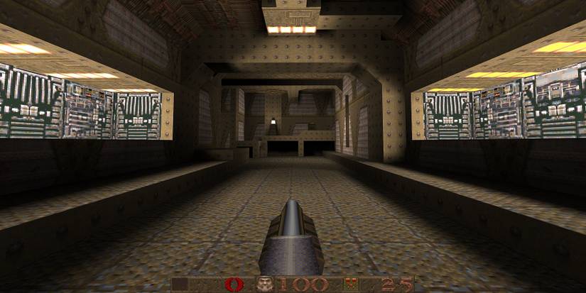 Screenshot from the first Quake game showing the opening level.