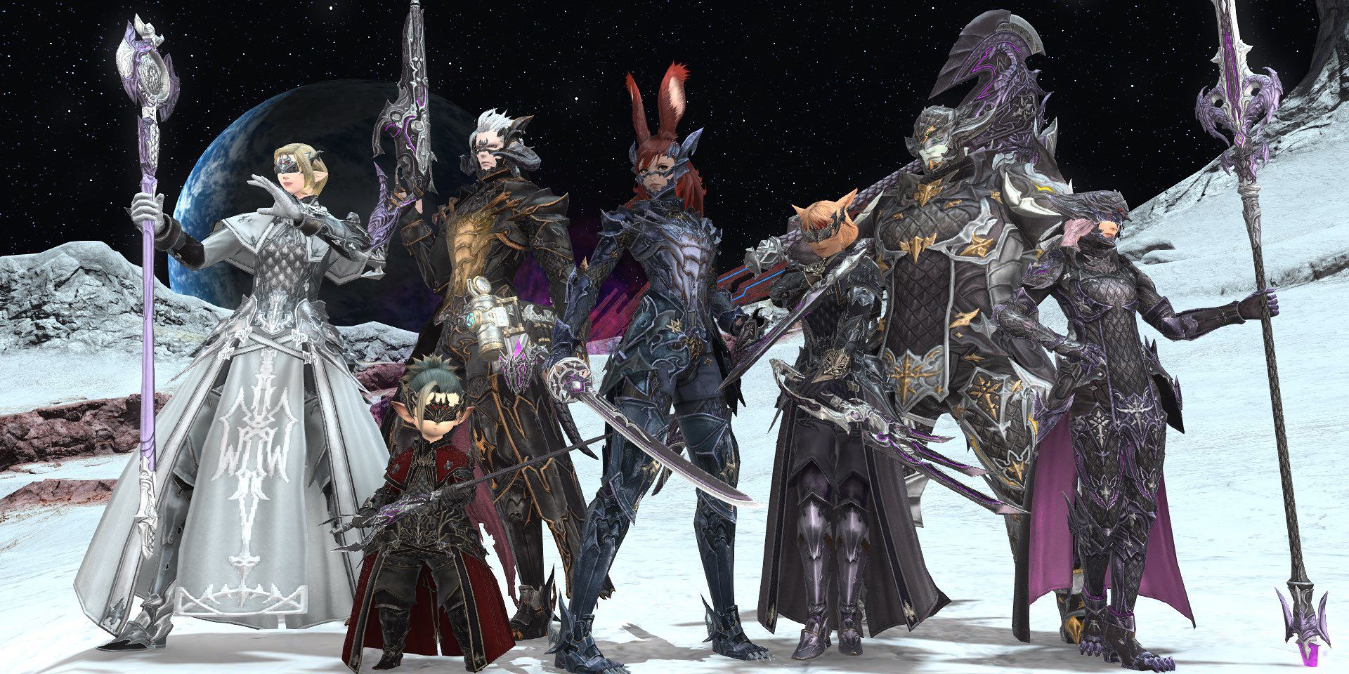 radiant host final fantasy gear endwalkerwith 7 characters posing