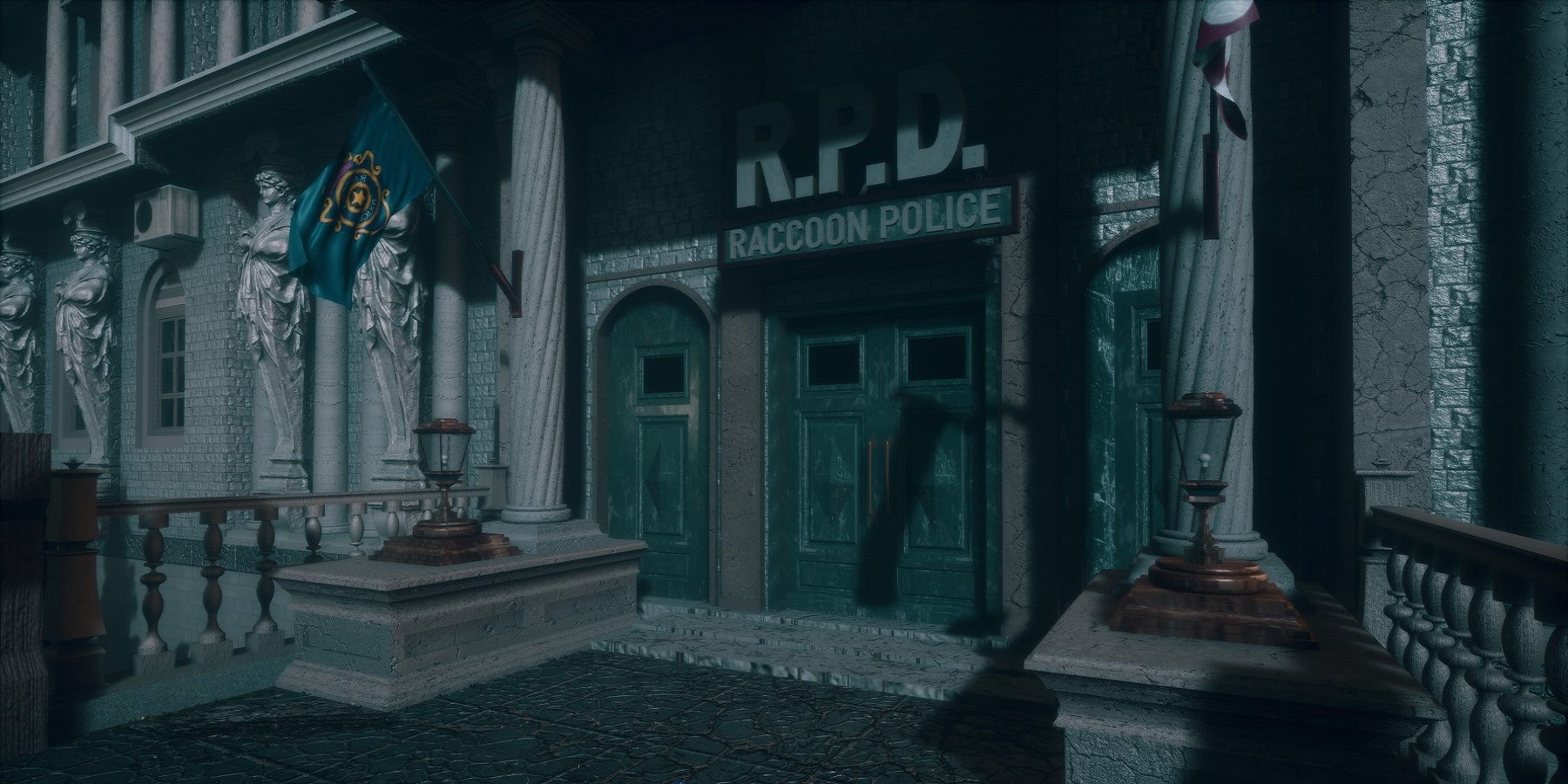 Изображение из фанатского ремейка Resident Evil 3 Unreal Engine, показывающее внешний вид полицейского управления Ракуна.