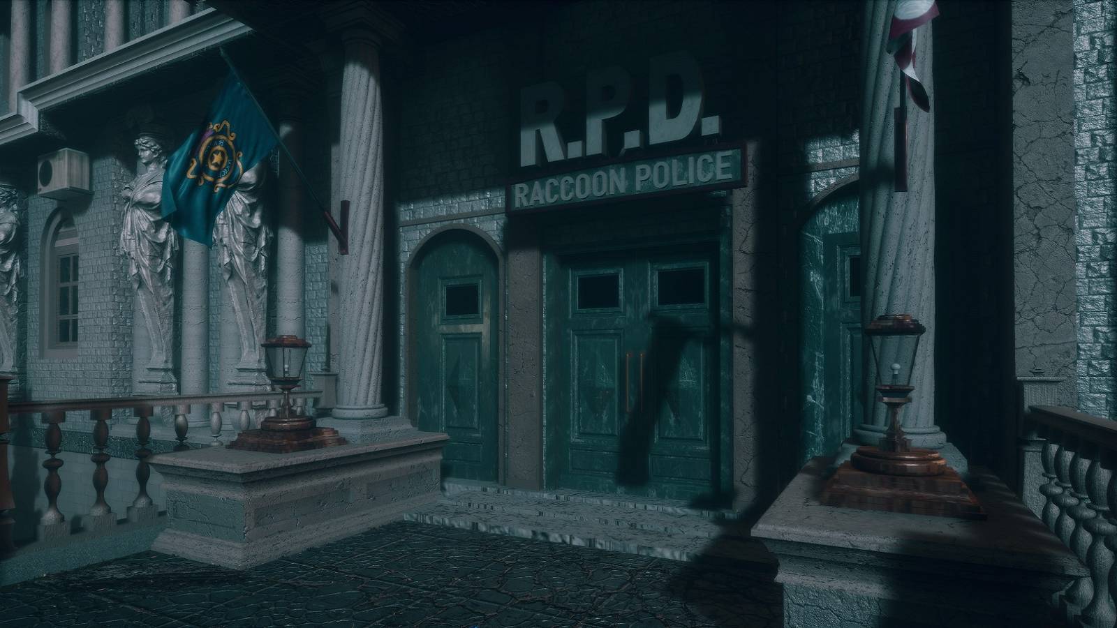 Image from Resident Evil 3 Unreal Engine fan remake showing the exterior of the Racoon Police Department.