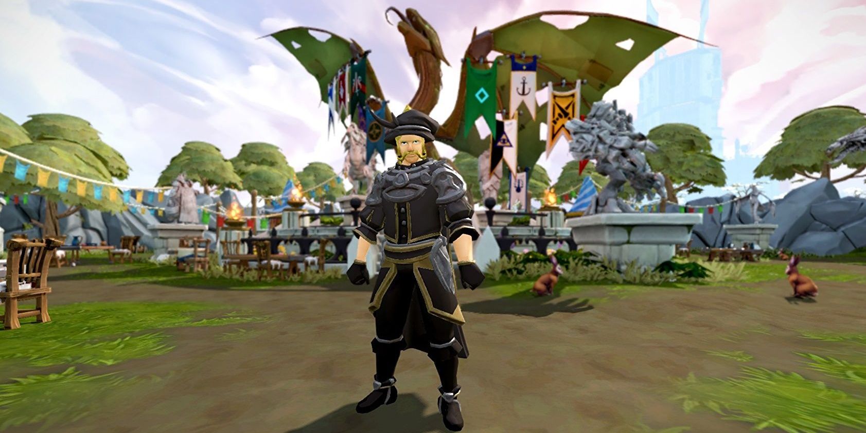 runescape player standing infront of a wooden dragon 