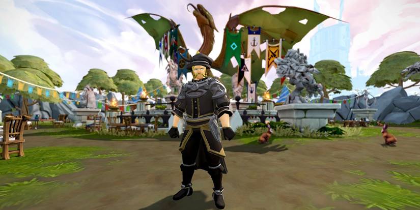 runescape player standing infront of a wooden dragon 