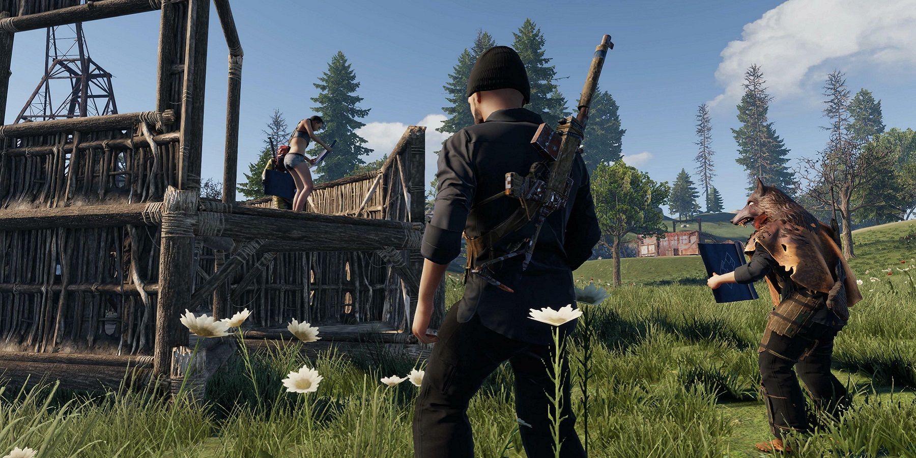 Screenshot from Rust showing three players gathered around a settlement.