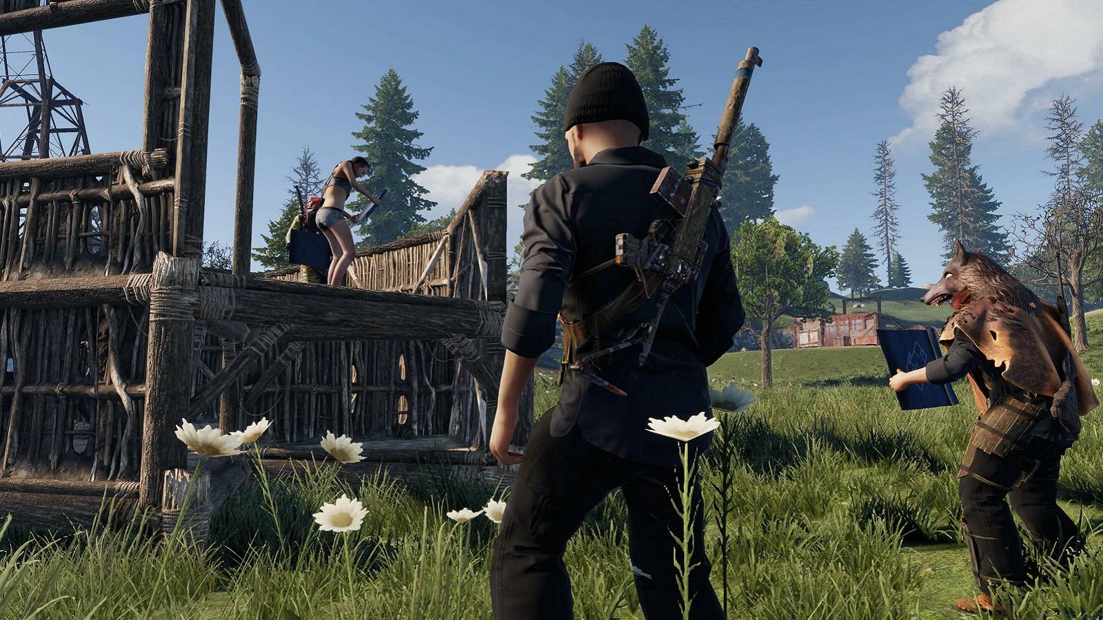 Screenshot from Rust showing three players gathered around a settlement.
