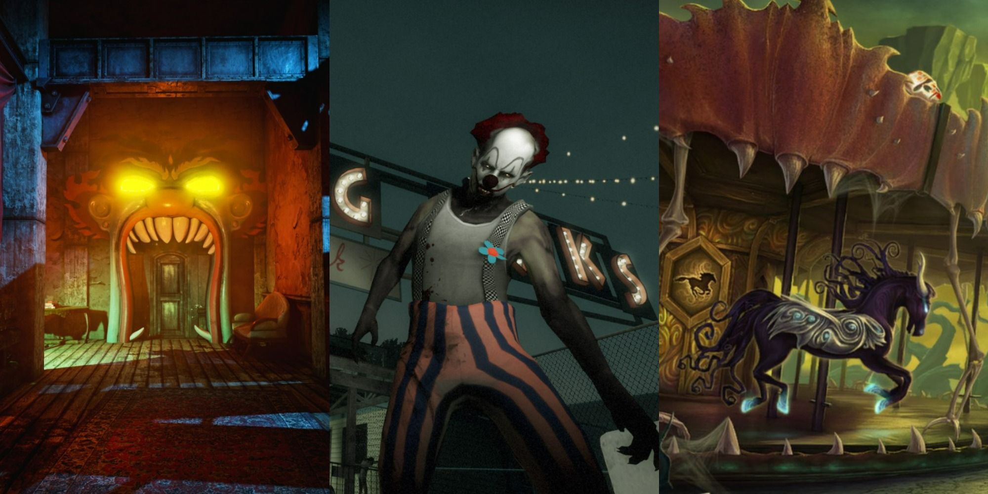 scary monster mouth door in the park, creepy zombie clown in left 4 dead 2, dark horse merry go round in dark arcana the carnival featured