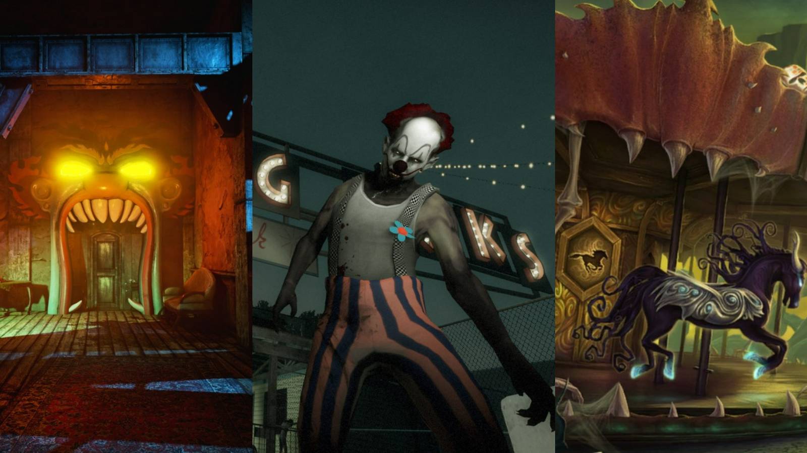 scary monster mouth door in the park, creepy zombie clown in left 4 dead 2, dark horse merry go round in dark arcana the carnival featured