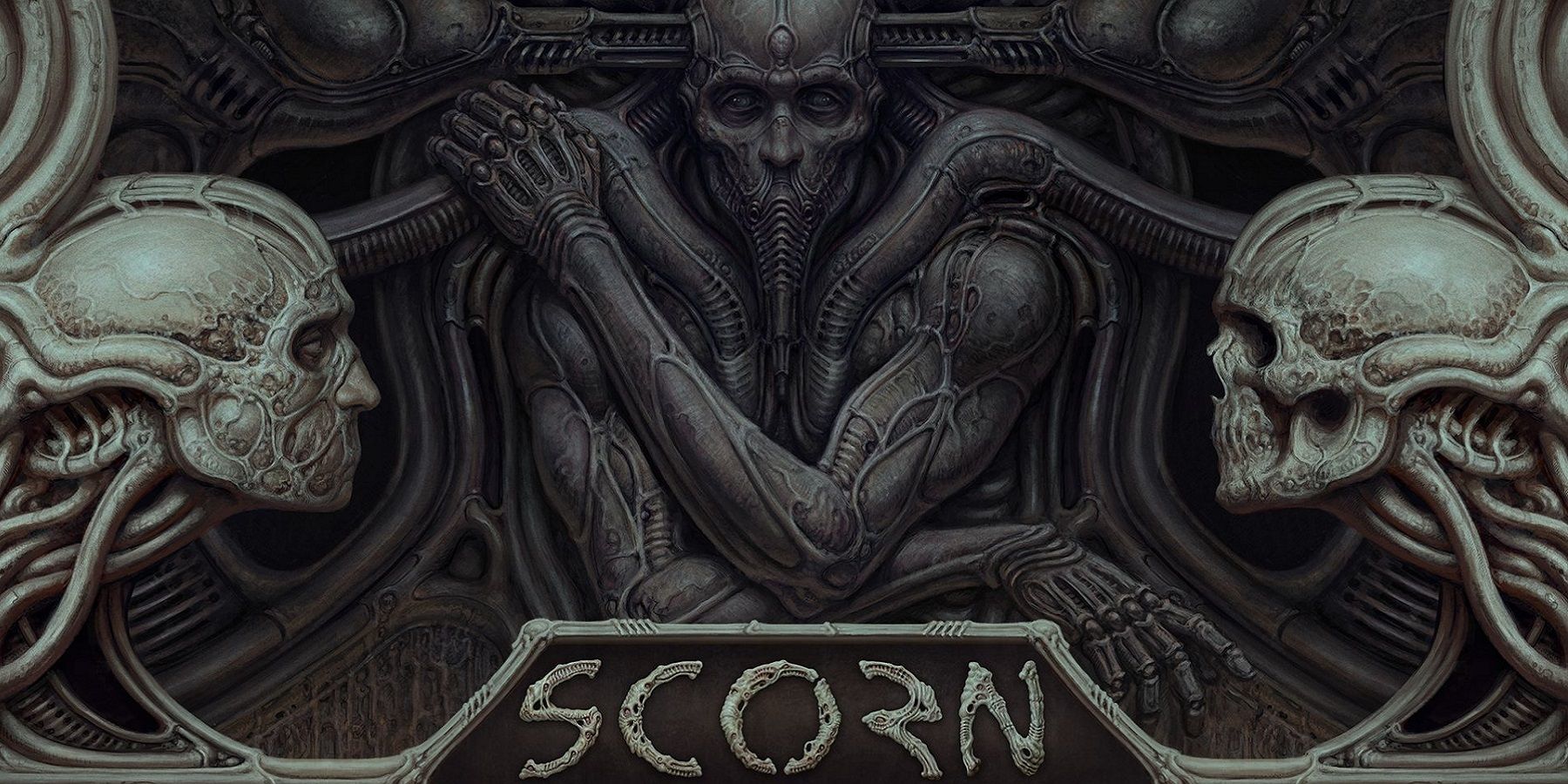 The Scorn logo with H.R. Giger inspired artwork.