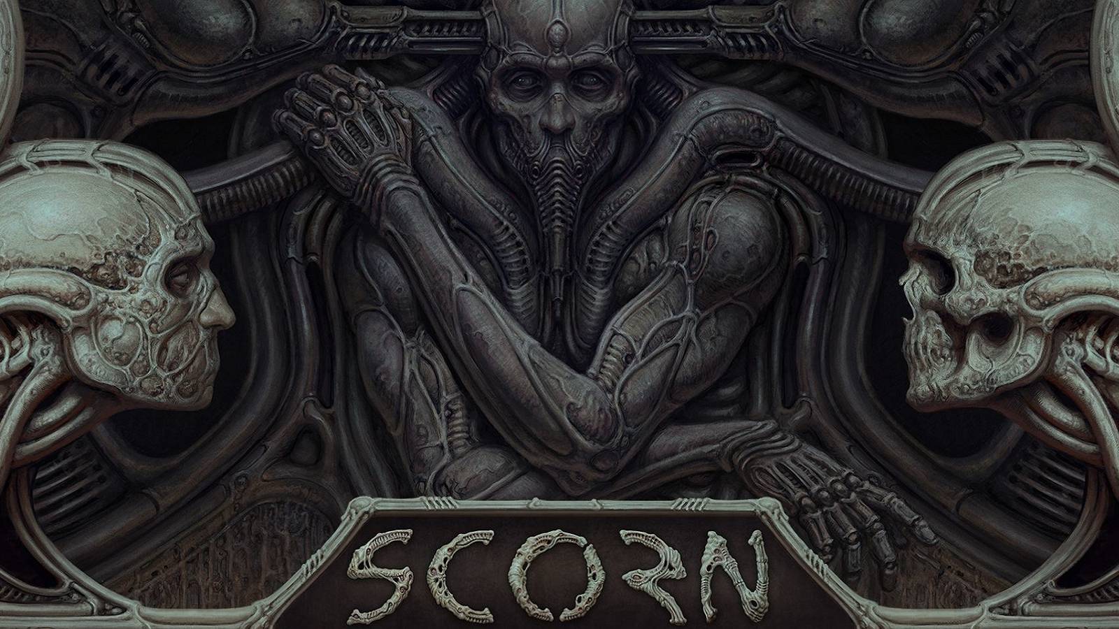 The Scorn logo with H.R. Giger inspired artwork.