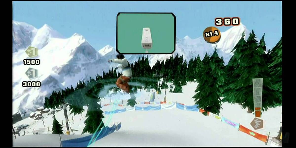 Snowboarder in mid-air with wii control direction