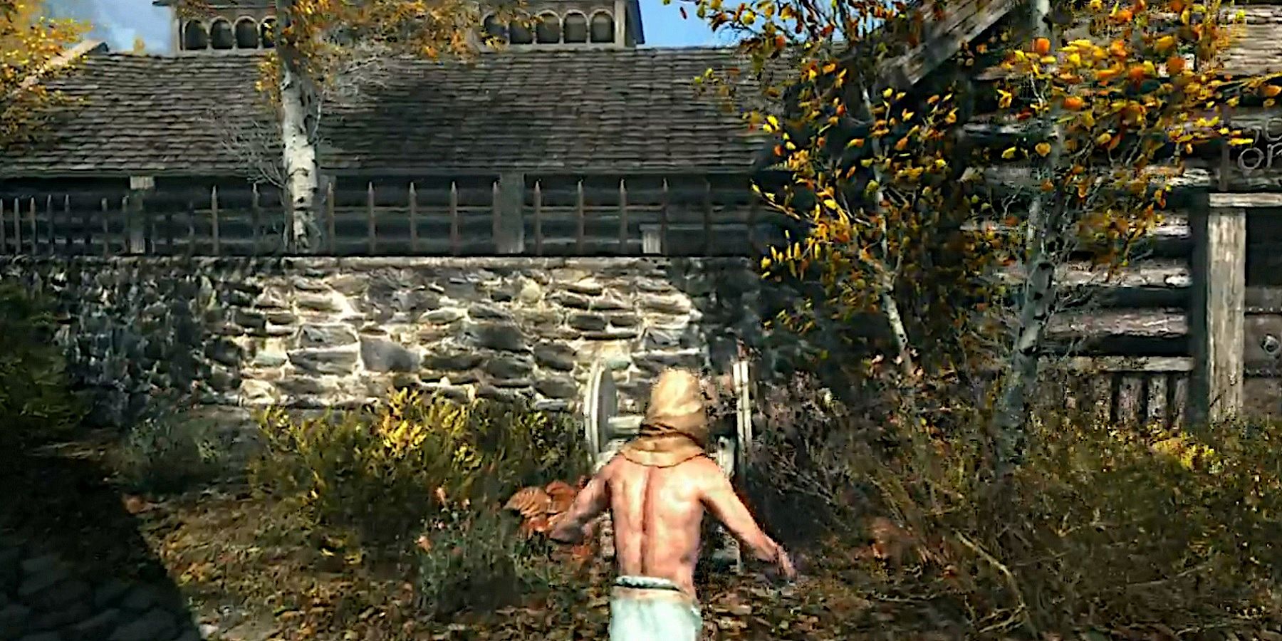 Screenshot from The Elder Scrolls 5: Skyrim showing the player approaching a wheelbarrow.
