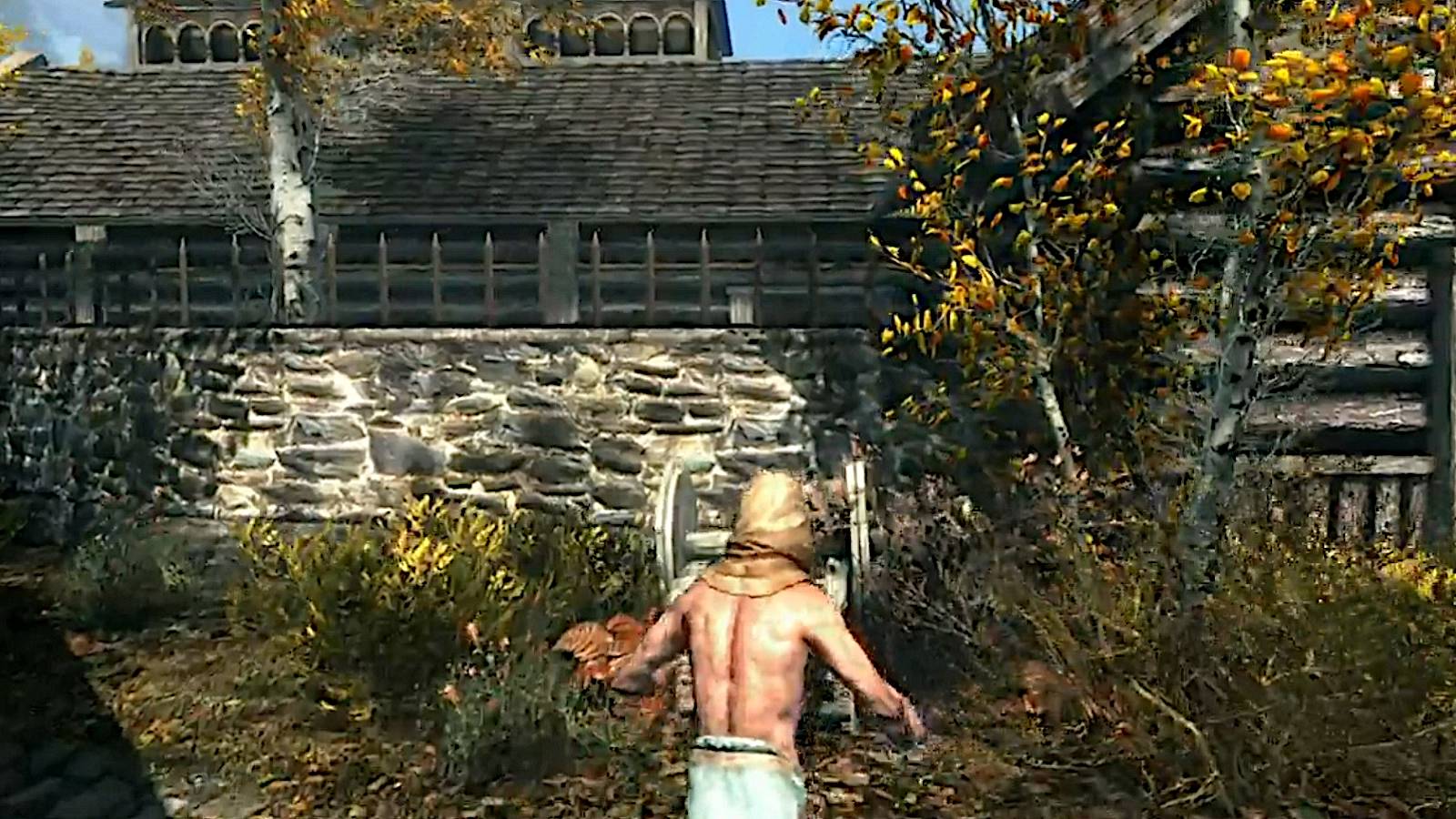 Screenshot from The Elder Scrolls 5: Skyrim showing the player approaching a wheelbarrow.