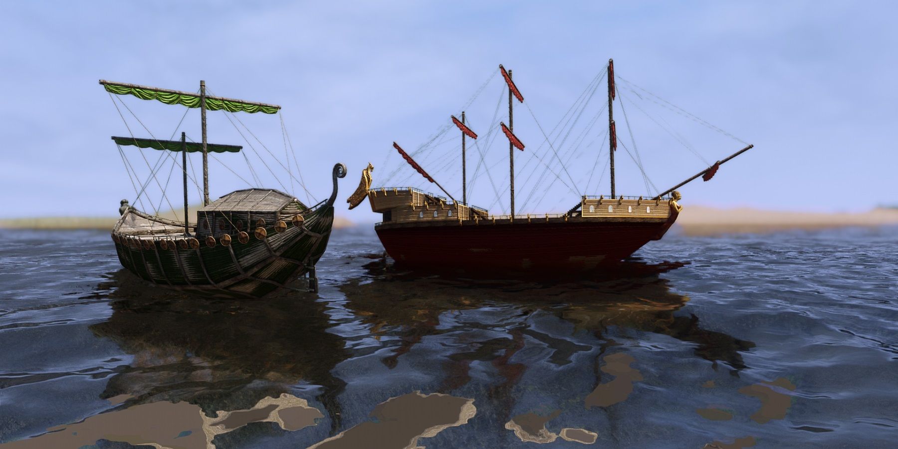 Image from the Skyrim mod Wanderer's Heart showing two ships out at sea.